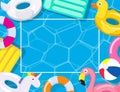 Pool party frame with pool floats on swimming pool background