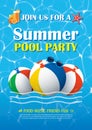Pool party invitation poster with blue water. Vector summer back