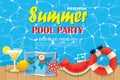 Pool party invitation poster with blue water and wooden. Vector Royalty Free Stock Photo