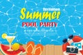 Pool party invitation poster with blue water and wooden. Vector Royalty Free Stock Photo
