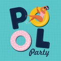 Pool party invitation vector illustration. Top view of swimming pool with pool floats. Royalty Free Stock Photo