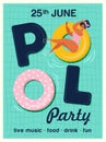 Pool party invitation vector illustration. Top view of swimming pool with pool floats