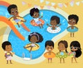 Pool party Kids. African-American children have fun in pool. Little Girl in Swimsuit Funny Summer Vacation. Boy with a Royalty Free Stock Photo