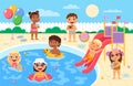 Pool party kids. Children play and swim in water park, happy boys and girls in swimsuits race down waterslide, drink Royalty Free Stock Photo