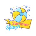 Pool party label with inflatable ball and splash in swim pool water. Royalty Free Stock Photo