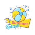 Pool party label with inflatable ball and splash in swim pool water. Royalty Free Stock Photo