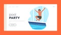 Pool Party Landing Page Template. Youngster Character Jump into Crystal-clear Pool Water. Playful Kid Joyfully Playing