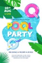 Pool party poster or banner design template. Vector flat cartoon illustration. Summer weekend and events outdoor leisure Royalty Free Stock Photo