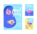 Pool Party Poster, Banner, Invitation. Summer Brochure with Inflatable Pink Flamingo, Floats in Water. Flyer Beach Party Royalty Free Stock Photo