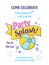 Pool party poster with inflatable ball and splash in swim pool water.