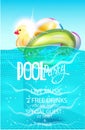 Pool party poster with inflatable balls and rubber toy in swiming pool water.