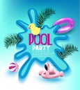 Pool party poster with inflatable toys, palm tree branches and puddle. Royalty Free Stock Photo