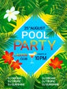 Pool party poster Tropical background with text. Summer design. Tropic flowers, exotic leaves, swimming pool, cocktail Royalty Free Stock Photo