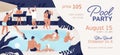 Pool party promo banner with place for text vector flat illustration. Announcement of summer entertainment event. People Royalty Free Stock Photo