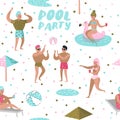 Pool Party Seamless Pattern. Characters People Swimming, Relaxing, Have Fun in the Pool. Summertime Holidays Background Royalty Free Stock Photo