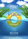Pool party. Summer swimming party invitation template with inflatable ring, palm leaves, water and sky with clouds, realistic Royalty Free Stock Photo