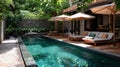 A pool and patio area with lounge chairs, umbrellas and a couch, AI