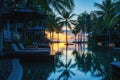 Pool and poolside bangalow at seaside resort and hotel Royalty Free Stock Photo