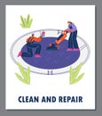 Pool repair and cleaning service banner with handymen, flat vector illustration.