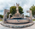 Pool with sculpture of the Inca in Plaza de armas of BaÃÂ±os del Inca in Cajamarca Peru