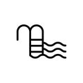 Pool sign. Linear icon of swimming ladder with handrail, steps, waves. Black simple illustration of pier, entrance and exit from