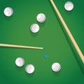 Pool stick and balls on green billiard table while game. Biliard balls and cue for pool game on green table top view.