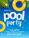 Pool summer party invitation banner flyer design. Water and palm inflatable yellow mattress. Pool party template poster Royalty Free Stock Photo