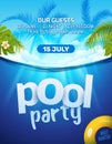 Pool summer party invitation banner flyer design. Water and palm inflatable yellow mattress. Pool party template poster Royalty Free Stock Photo