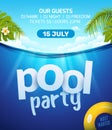 Pool summer party invitation banner flyer design. Water and palm inflatable yellow mattress. Pool party template poster Royalty Free Stock Photo