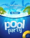 Pool summer party invitation banner flyer design. Water and palm inflatable yellow mattress. Pool party template poster Royalty Free Stock Photo