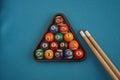 Pool table Billiard snooker ball Game room entertainment. Snooker balls and cue on blue background. Billiard balls Royalty Free Stock Photo