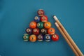 Pool table Billiard snooker ball Game room entertainment. Snooker balls and cue on blue background Royalty Free Stock Photo