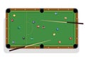 Pool table, billiard stick and billiard balls for game. Pool table with colorful balls and cua top view.