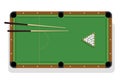 Pool table, cue and billiard balls for game. Billiard table with triangle, balls and cua top view.