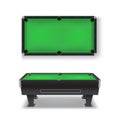 Pool table realistic set. Top, side view. Billiard, snooker equipment.