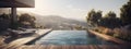 a pool on terrace with overlooking hill view at expensive villa or rich resort, neural network generated photorealistic