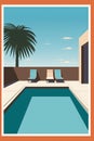 a pool with two lounge chairs and a palm tree