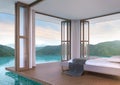 Pool villa bedroom with mountain view 3d rendering image