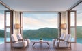 Pool villa living room with mountain view 3d rendering image Royalty Free Stock Photo