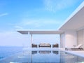 Pool villa living room with sea view 3d render Royalty Free Stock Photo