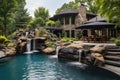 a pool with a waterfall feature and surrounding stone patio