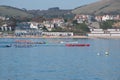 Canoeists rowing in Swanage Harbour Royalty Free Stock Photo