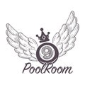 Poolroom logo with crown and wings monochrome sketch outline Royalty Free Stock Photo