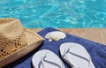 Poolside holiday scenic shell towel thongs swimming pool