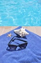 Poolside holiday scenic shell towel sunglasses vacation background