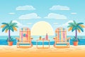 poolside lounge chairs with sea and sunset backdrop, magazine style illustration Royalty Free Stock Photo