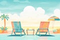 poolside lounge chairs with sea and sunset backdrop, magazine style illustration Royalty Free Stock Photo