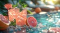 Poolside Table with Glasses of Grapefruit Mint Fresh Juice, Garnished with Mint Leaves and Grapefruit Slices Royalty Free Stock Photo