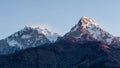 Poonhill view of Annapurnas. Warm pink and orange sunrise light over Annapurna mountain range with blue sky and beautiful clouds Royalty Free Stock Photo