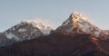 Poonhill view of Annapurnas. Warm pink and orange sunrise light over Annapurna mountain range with blue sky and beautiful clouds Royalty Free Stock Photo